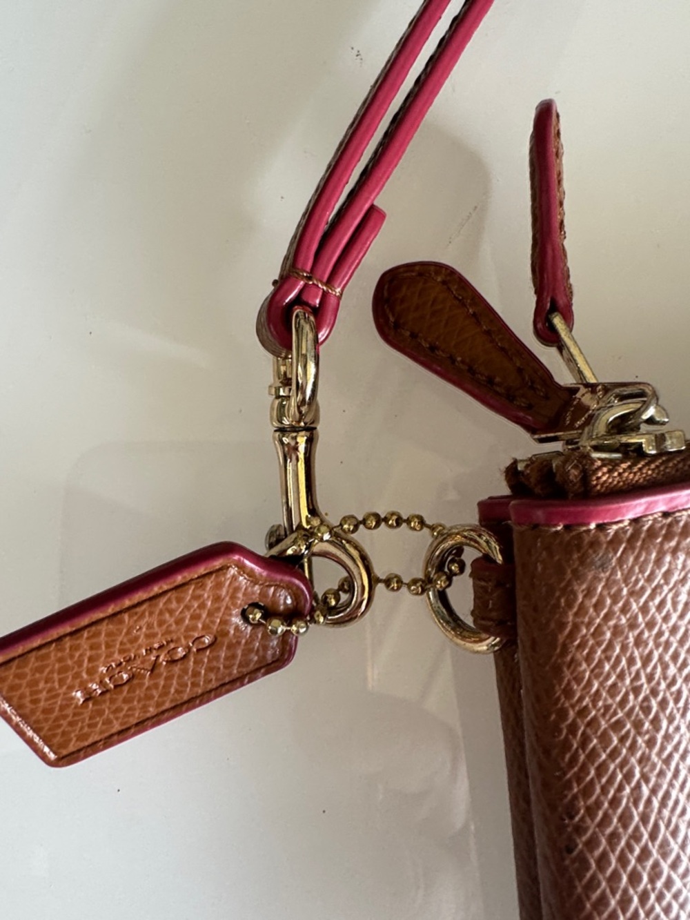 COACH Brown Double Leather Wristlet with Pink Trim - Picture 3 of 11